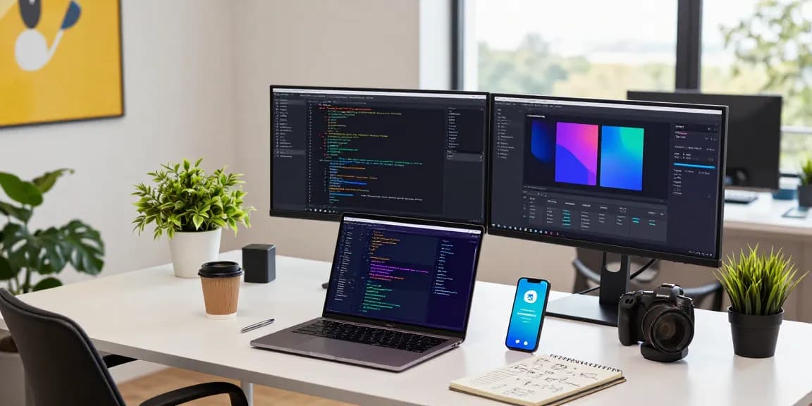 Telegram Download showcased in a modern workspace with coding and productivity elements.