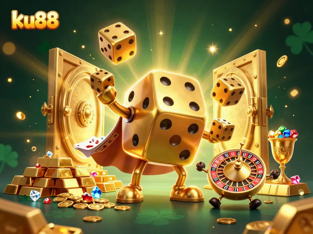 Engage with ku88's vibrant casino experience featuring golden dice, gems, and dazzling rewards.