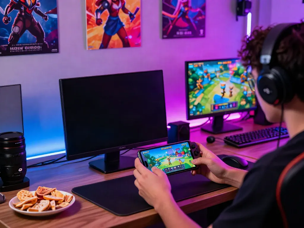 Engaging smartphone user exploring ROKOK88 APK in vibrant gaming setup with colorful decor and ambient lighting.