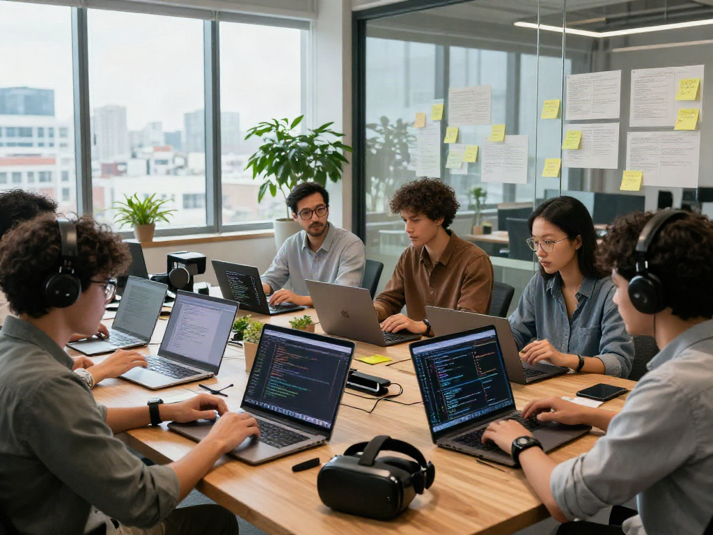 Collaboration among developers at CrushonAI workspace showcasing innovation and teamwork.