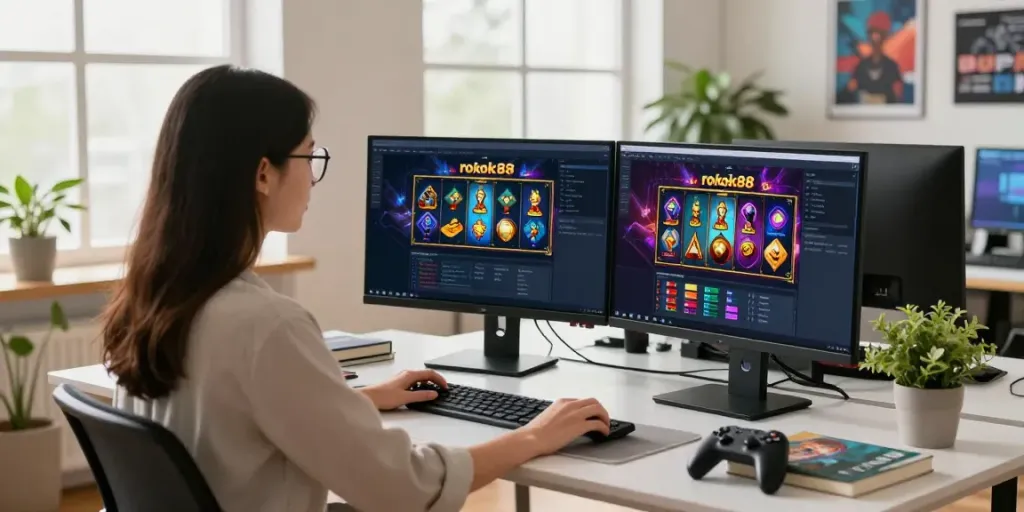 Engaged developer creating a rokok88 slot gaming app in a vibrant tech workspace