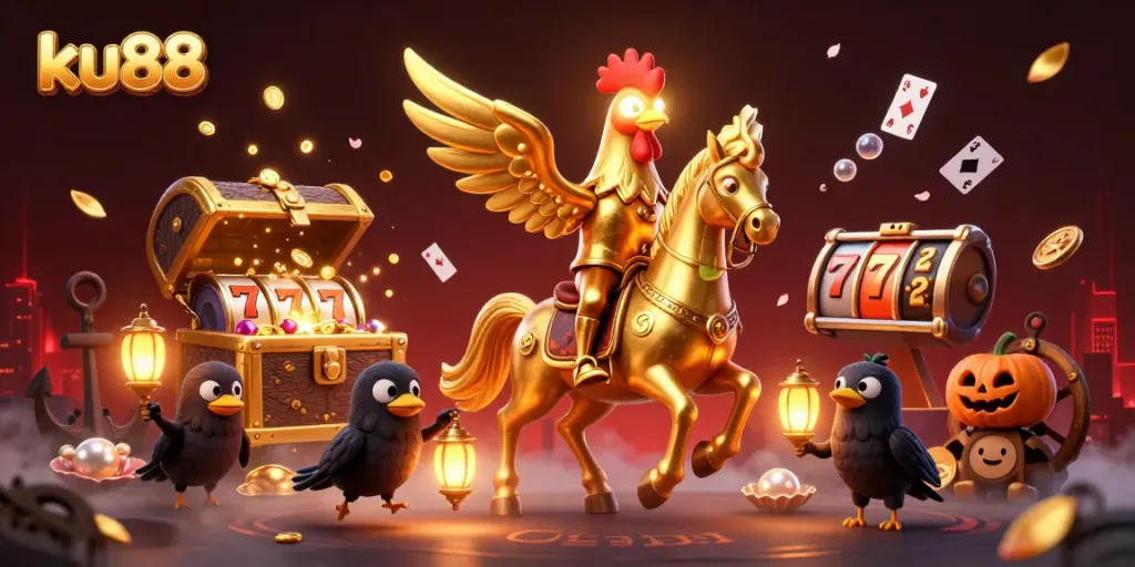 ku88's enchanting casino scene showcasing a golden rooster riding a spectral horse amidst slot machines and riches.
