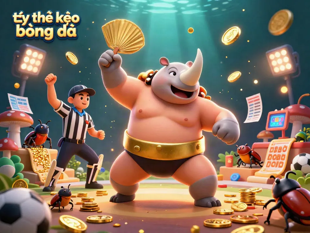 Betting on tỷ lệ kèo bóng đá with a victorious sumo beetle champ amidst dynamic sports elements.