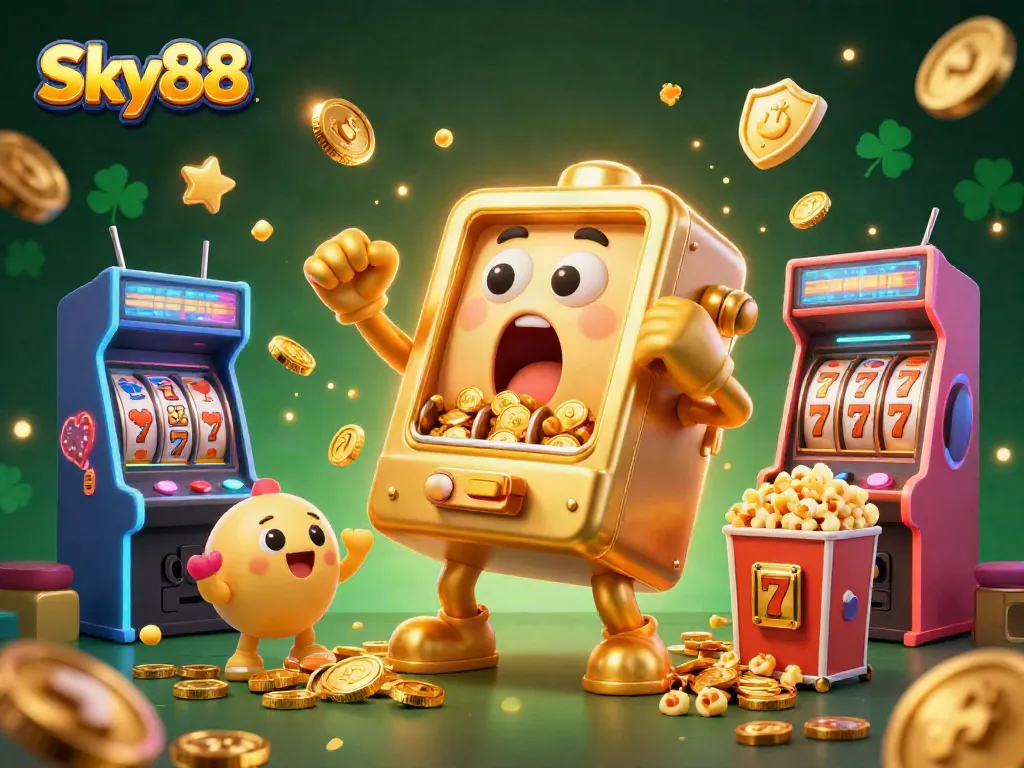 Sky88 slot machine hitting the jackpot with cheering baby machines in a vibrant casino scene.