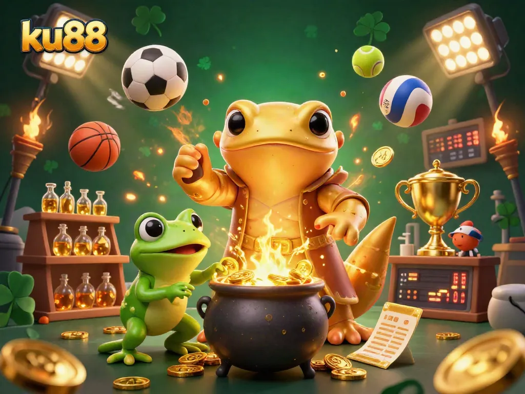 ku88 plays with dynamic sports elements under a whimsical medieval alchemist's lab setting