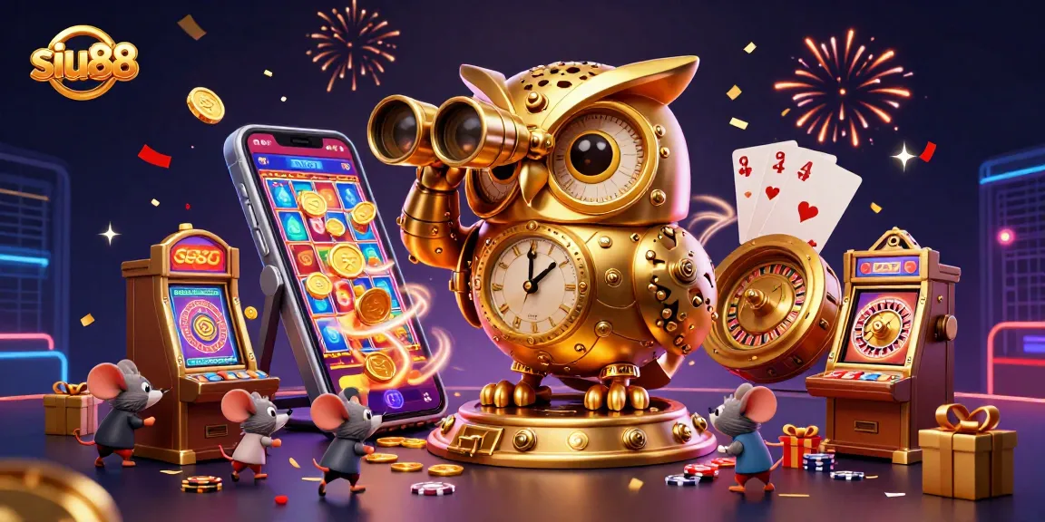 Siu88's vibrant 3D illustration showcases a golden owl and wind-up mice in a lively casino environment, capturing the excitement of gaming.