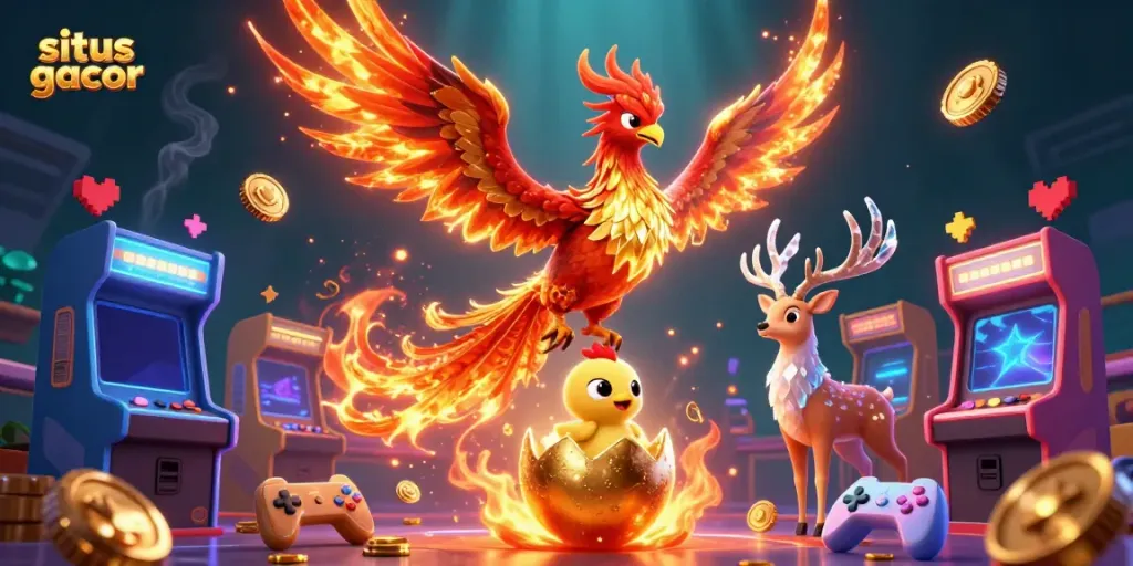Situs gacor showcasing a vibrant phoenix and mystical stag in a dynamic casino illustration with gaming elements.