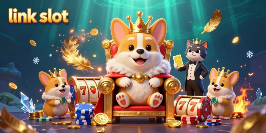 Experience thrilling wins with link slot in this vibrant casino scene featuring a royal corgi.