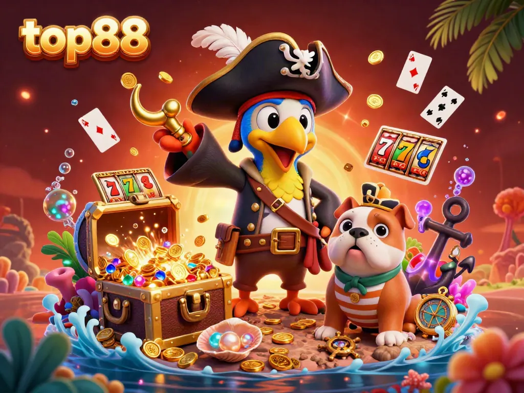 Experience top88 gaming excitement with a vibrant 3D pirate captain scene featuring colorful slot reels and treasure.