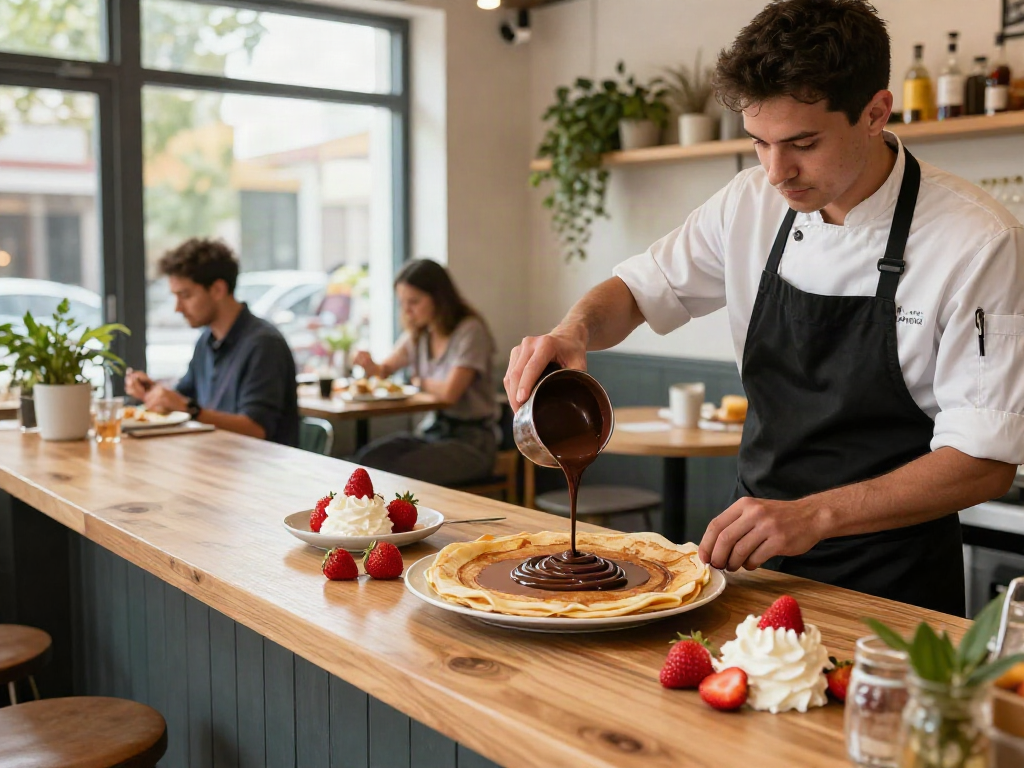 Delicious crepes at ROKOK88 topped with rich dark chocolate and fresh strawberries
