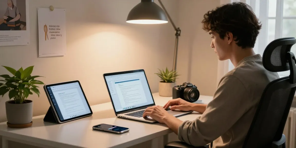 Download WPS Office on a sleek laptop in a modern home office setting, showcasing productivity.