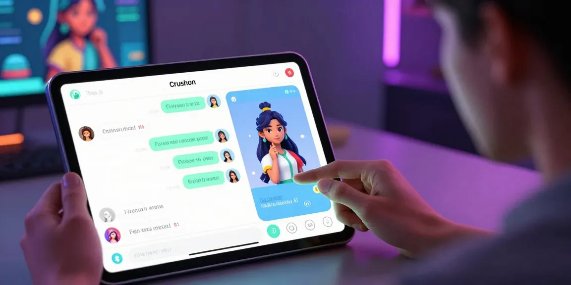 Engaging interaction with Crushon AI chatbot featuring a user and customizable character in a vibrant digital setting.