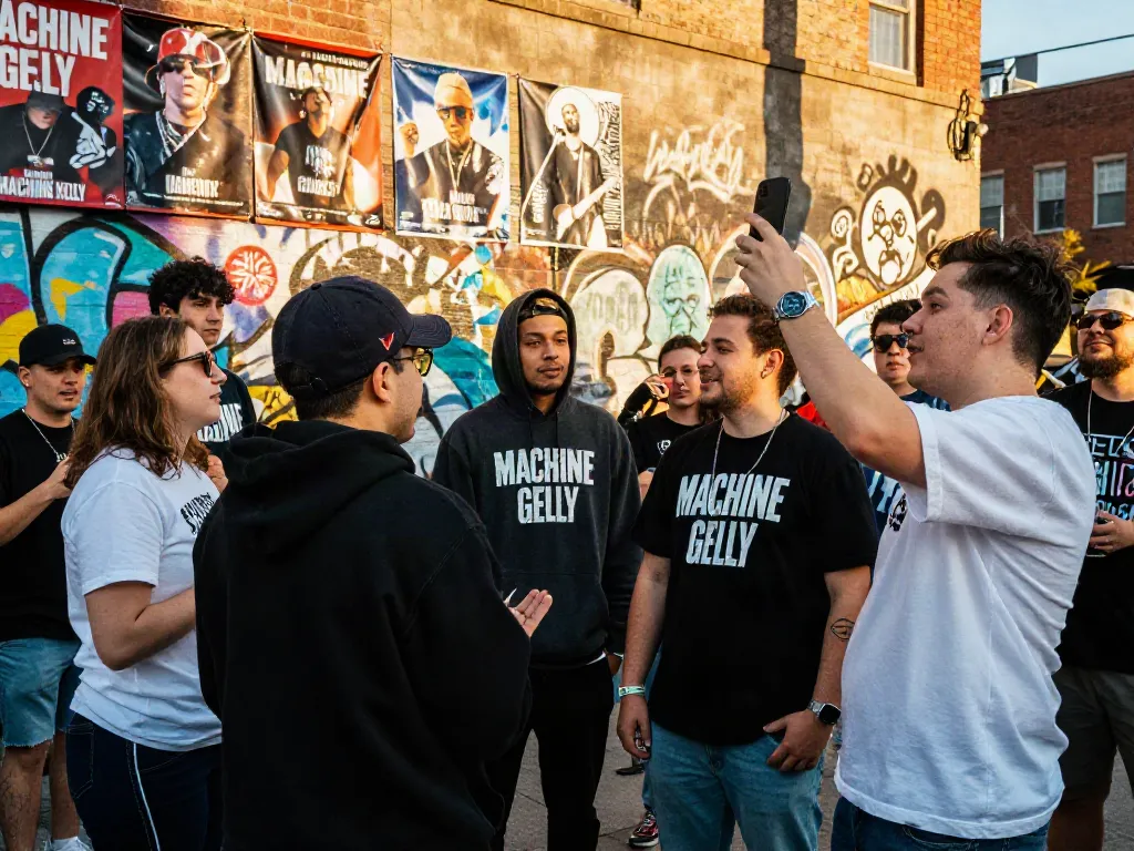 Street scene showcasing Machine Gun Kelly fans in exclusive merchandise, highlighting community and music culture.