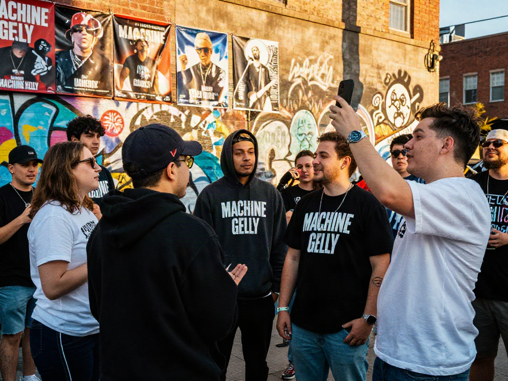 Street scene showcasing Machine Gun Kelly fans in exclusive merchandise, highlighting community and music culture.