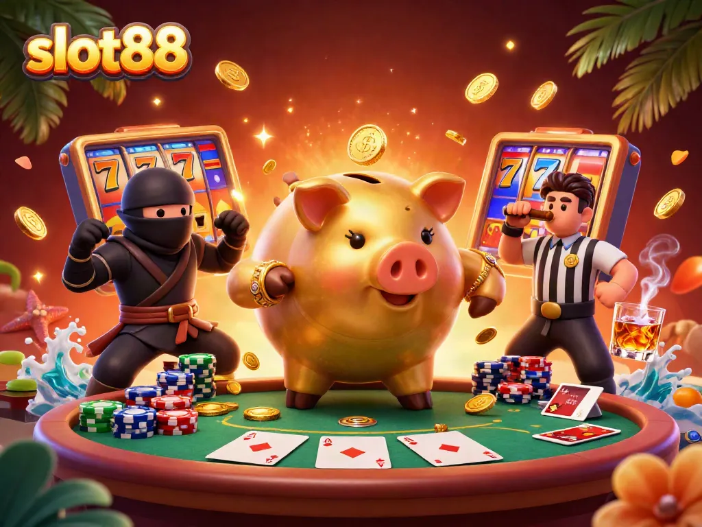 Experience the excitement of slot88 as a golden piggy bank sumo wrestler shakes loose treasures amidst vibrant game elements.