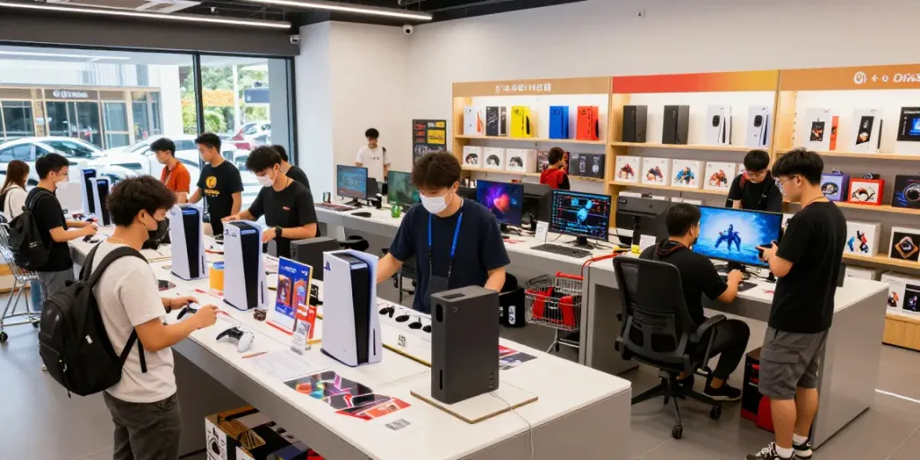 rokok88 login shopping experience in a vibrant gaming store showcasing PlayStation and Xbox consoles