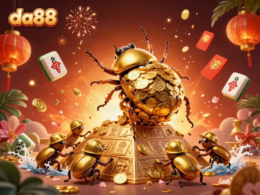 Experience thrilling gaming at da88 with golden beetles and casino symbols enriching gameplay.