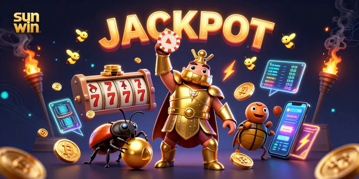 Experience thrilling gameplay with sun win as cartoon characters celebrate a jackpot win amidst vibrant casino elements.