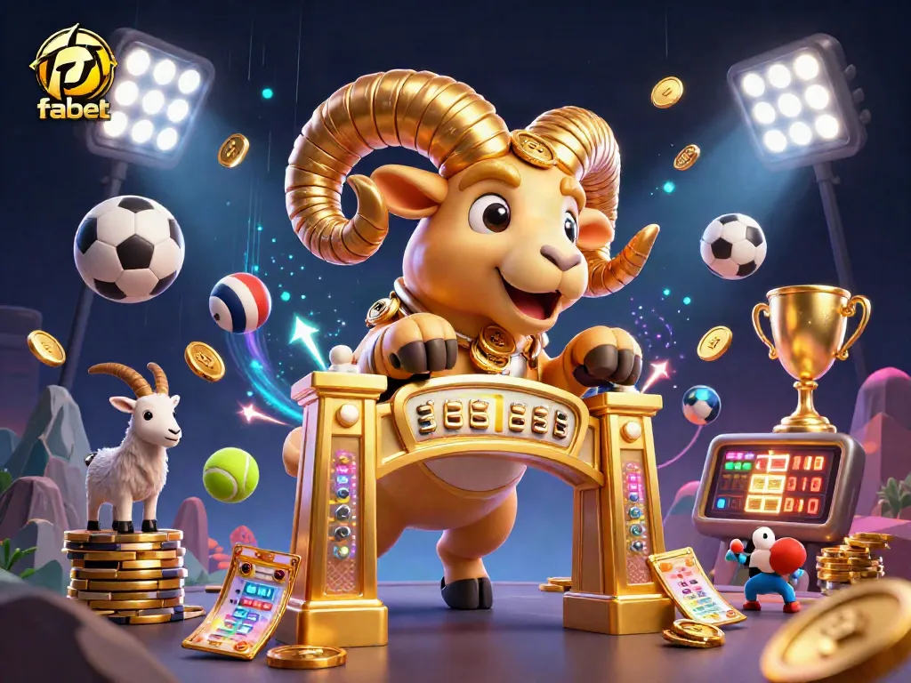 Bet high stakes with fabet’s vibrant 3D casino scene featuring a charging ram and sports elements.