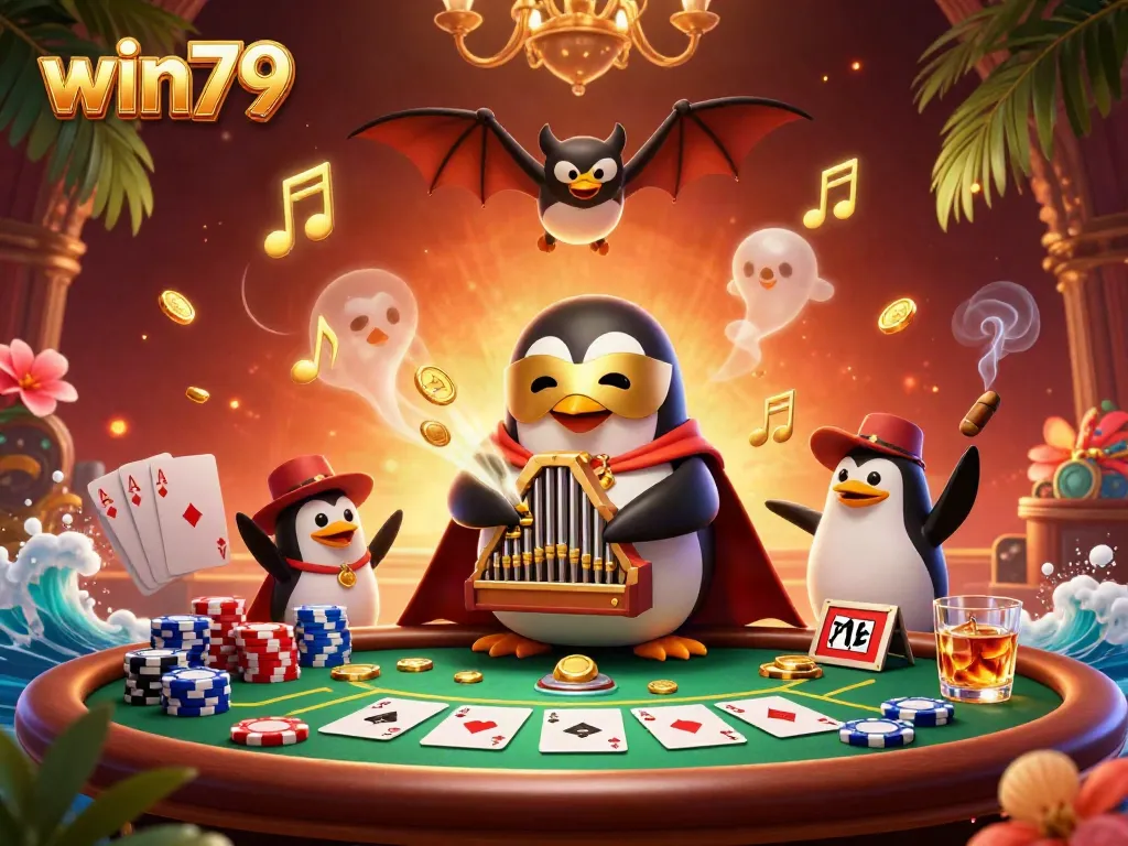 Experience thrilling wins with win79 as a cartoon penguin leads an exciting casino scene.