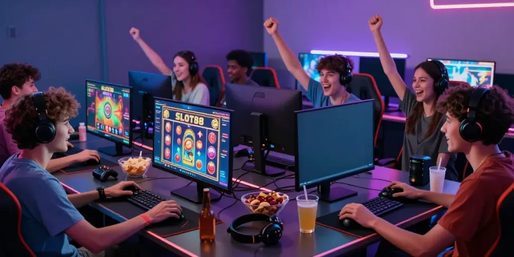Excited players enjoying SLOT88 resmi games in a vibrant gaming setup.