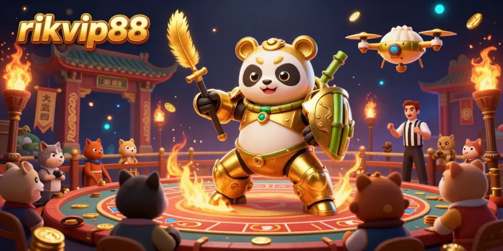 Experience thrilling action in a colorful 3D illustration for rikvip88, depicting a mech-suit panda in an energetic casino arena.