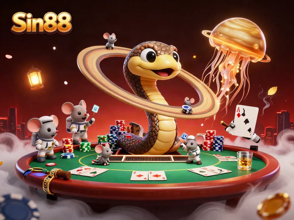 Sin88 casino scene featuring astronaut mice betting, roulette wheel, and vibrant poker elements.