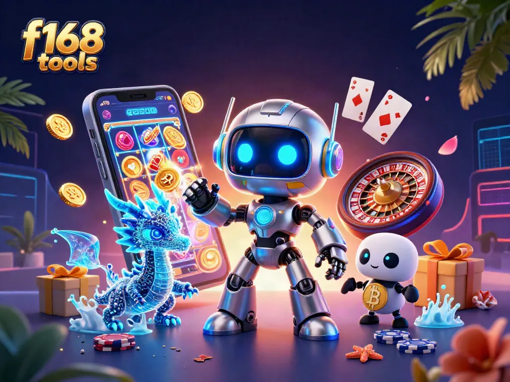 Experience thrilling gaming with f168 tools featuring a cyberpunk robot, holographic dragon, and bitcoin drone.
